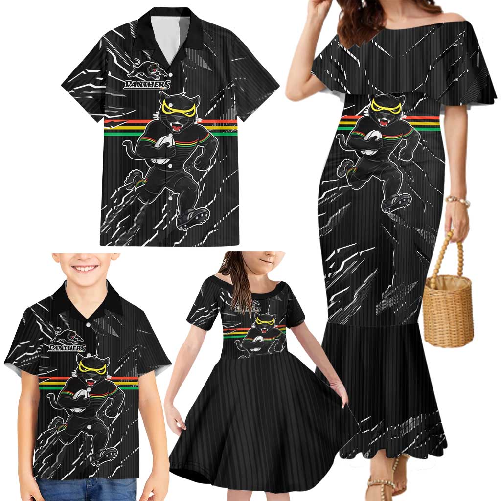 Personalized Penrith Panthers Family Matching Mermaid Dress and Hawaiian Shirt Dynamic Lightning Mascot Rugby Australia