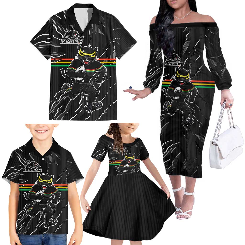 Personalized Penrith Panthers Family Matching Off The Shoulder Long Sleeve Dress and Hawaiian Shirt Dynamic Lightning Mascot Rugby Australia