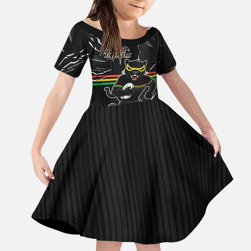 Personalized Penrith Panthers Family Matching Off The Shoulder Long Sleeve Dress and Hawaiian Shirt Dynamic Lightning Mascot Rugby Australia