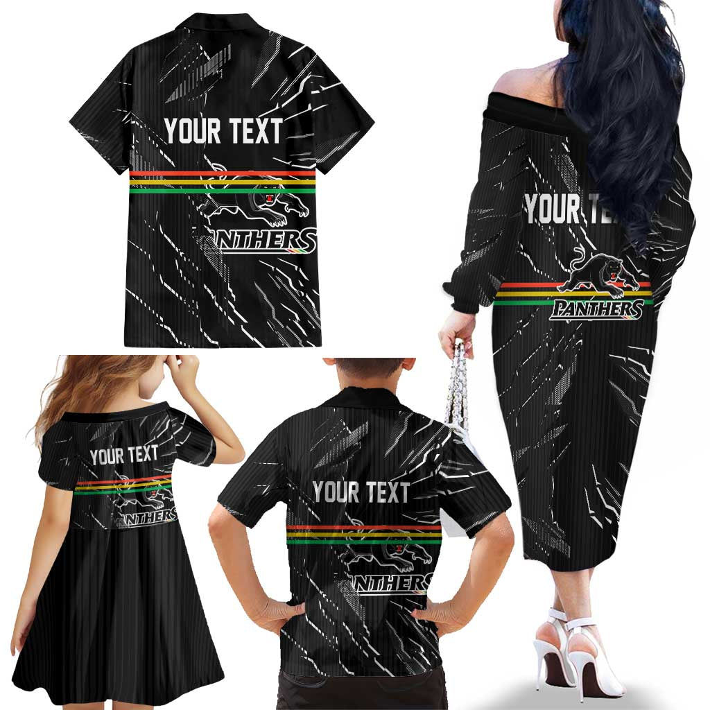 Personalized Penrith Panthers Family Matching Off The Shoulder Long Sleeve Dress and Hawaiian Shirt Dynamic Lightning Mascot Rugby Australia