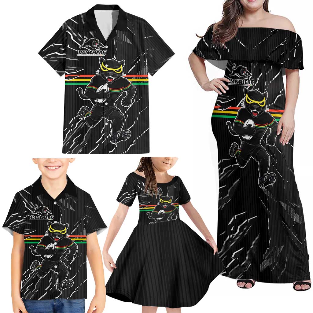 Personalized Penrith Panthers Family Matching Off Shoulder Maxi Dress and Hawaiian Shirt Dynamic Lightning Mascot Rugby Australia