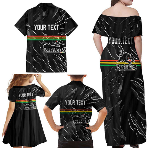 Personalized Penrith Panthers Family Matching Off Shoulder Maxi Dress and Hawaiian Shirt Dynamic Lightning Mascot Rugby Australia