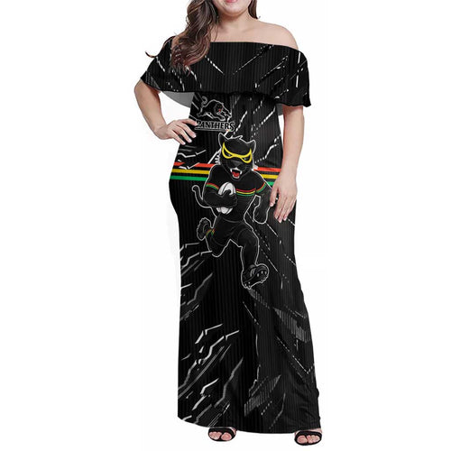 Personalized Penrith Panthers Family Matching Off Shoulder Maxi Dress and Hawaiian Shirt Dynamic Lightning Mascot Rugby Australia