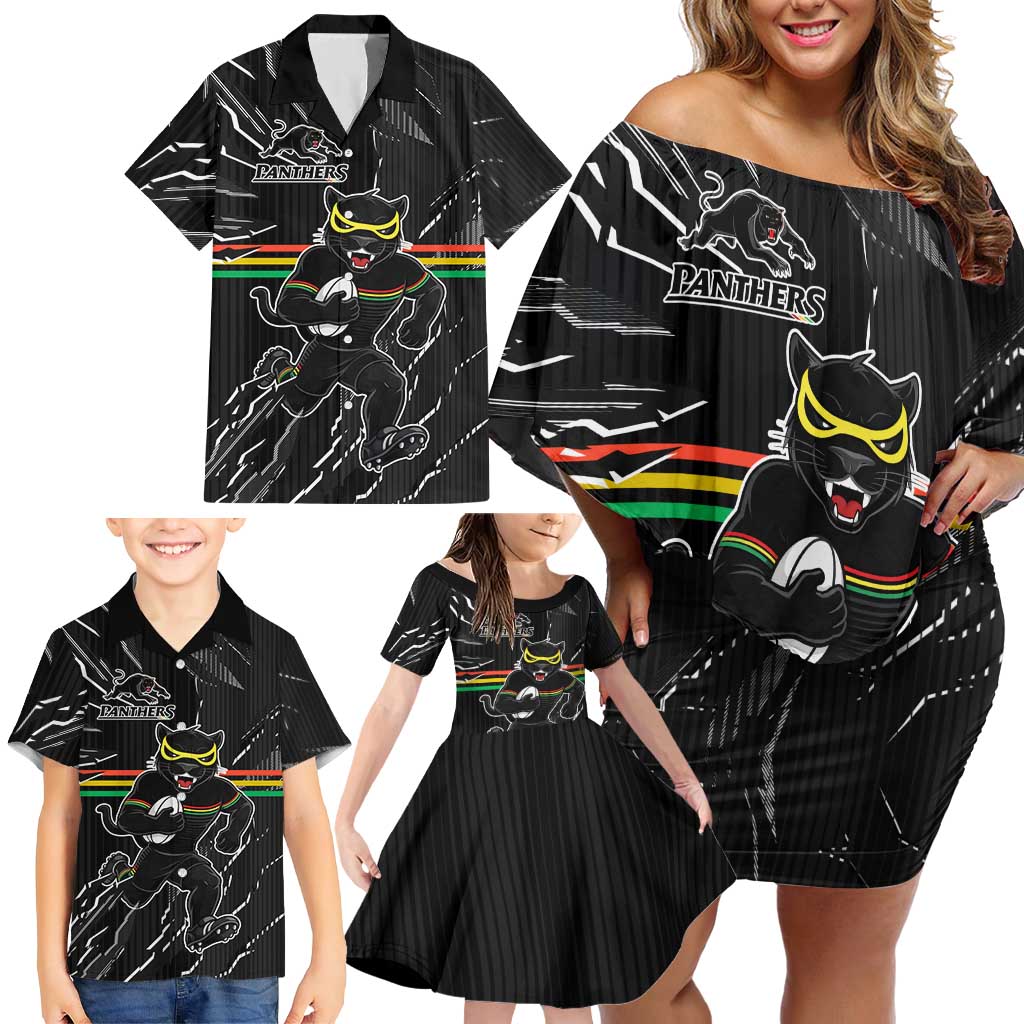 Personalized Penrith Panthers Family Matching Off Shoulder Short Dress and Hawaiian Shirt Dynamic Lightning Mascot Rugby Australia