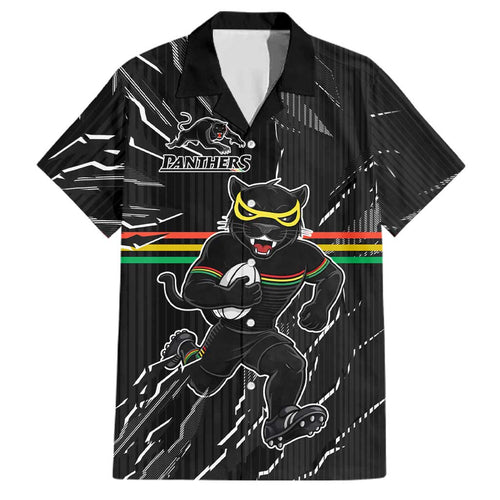 Personalized Penrith Panthers Family Matching Off Shoulder Short Dress and Hawaiian Shirt Dynamic Lightning Mascot Rugby Australia