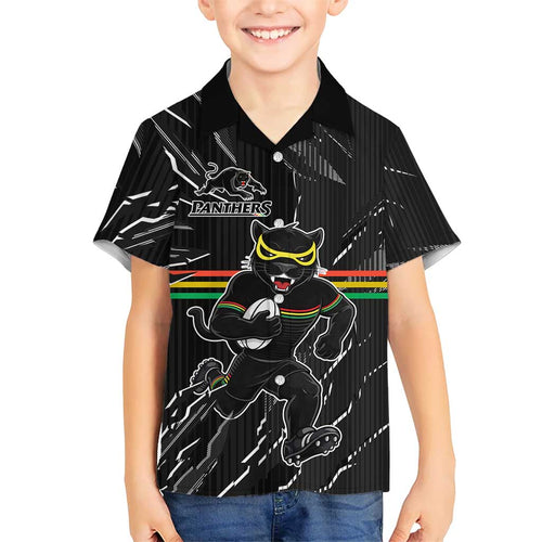 Personalized Penrith Panthers Family Matching Off Shoulder Short Dress and Hawaiian Shirt Dynamic Lightning Mascot Rugby Australia