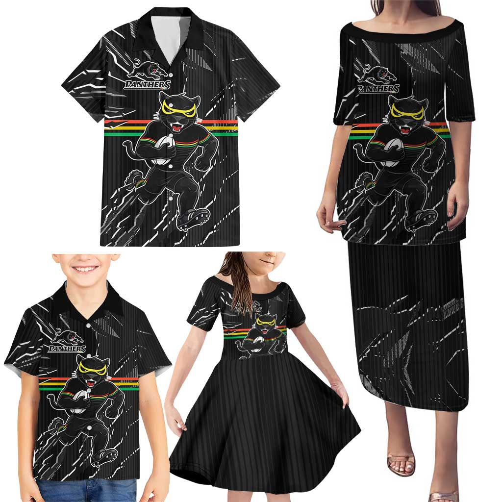 Personalized Penrith Panthers Family Matching Puletasi and Hawaiian Shirt Dynamic Lightning Mascot Rugby Australia