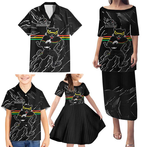 Personalized Penrith Panthers Family Matching Puletasi and Hawaiian Shirt Dynamic Lightning Mascot Rugby Australia