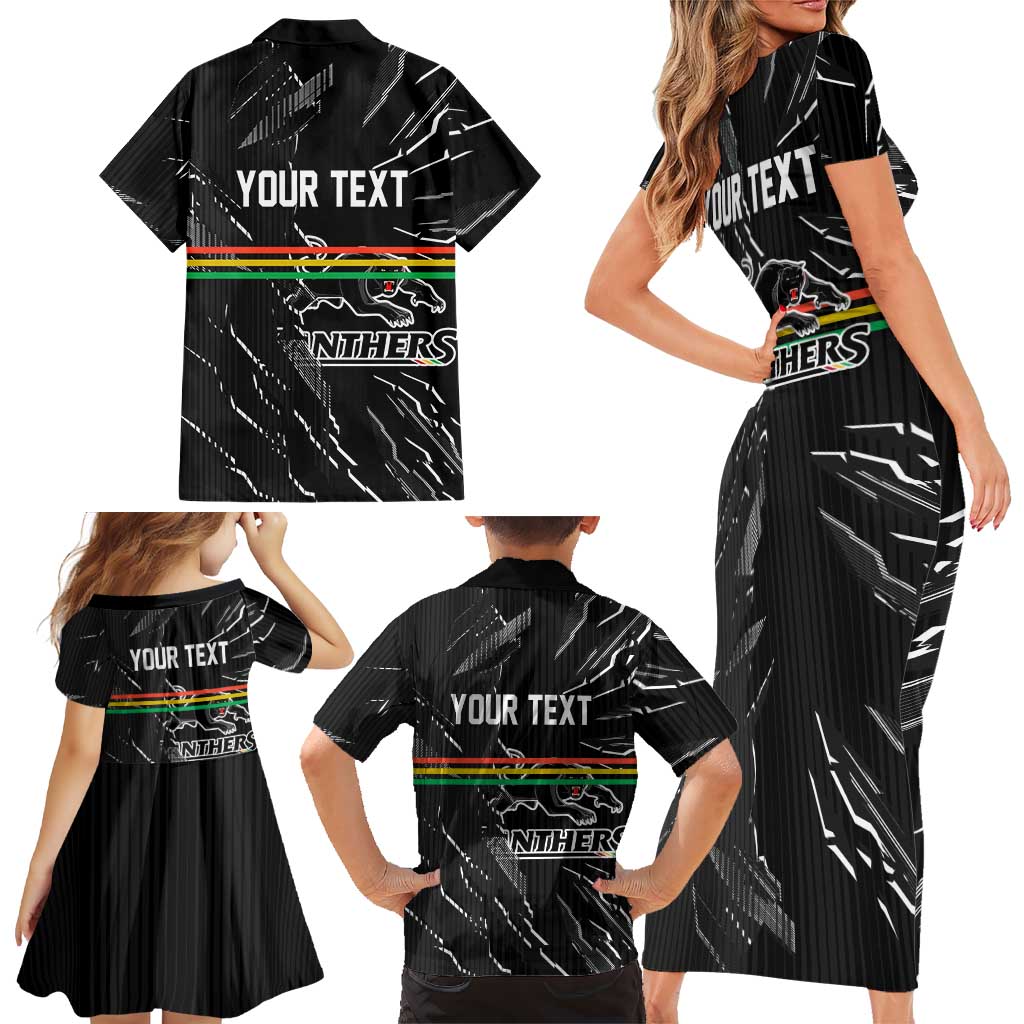 Personalized Penrith Panthers Family Matching Short Sleeve Bodycon Dress and Hawaiian Shirt Dynamic Lightning Mascot Rugby Australia