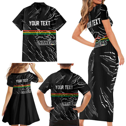 Personalized Penrith Panthers Family Matching Short Sleeve Bodycon Dress and Hawaiian Shirt Dynamic Lightning Mascot Rugby Australia