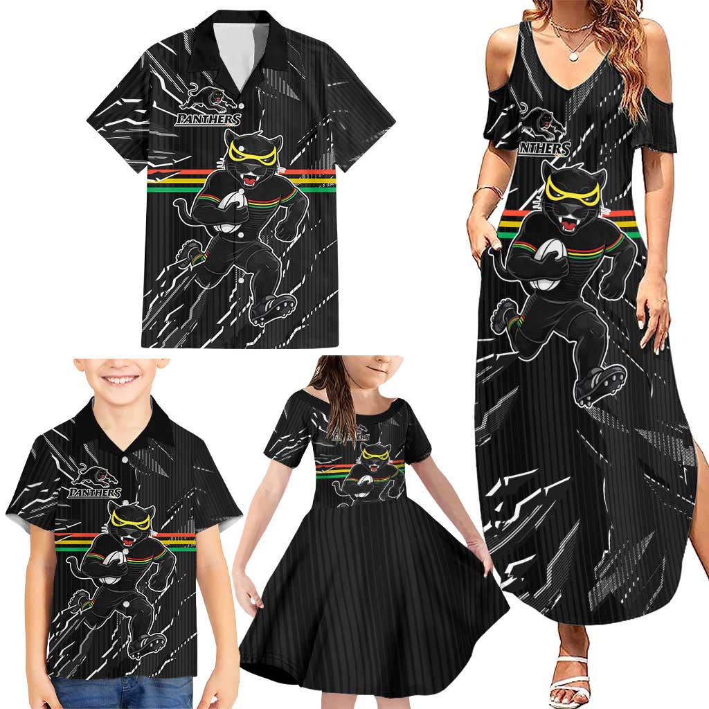 Personalized Penrith Panthers Family Matching Summer Maxi Dress and Hawaiian Shirt Dynamic Lightning Mascot Rugby Australia