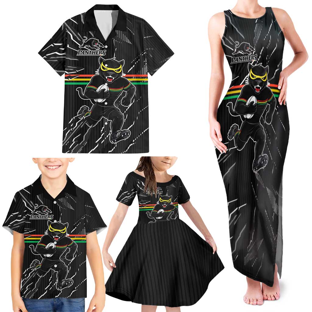 Personalized Penrith Panthers Family Matching Tank Maxi Dress and Hawaiian Shirt Dynamic Lightning Mascot Rugby Australia