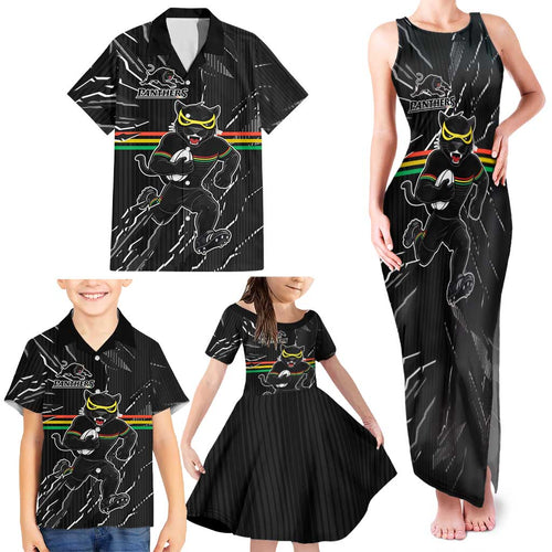 Personalized Penrith Panthers Family Matching Tank Maxi Dress and Hawaiian Shirt Dynamic Lightning Mascot Rugby Australia