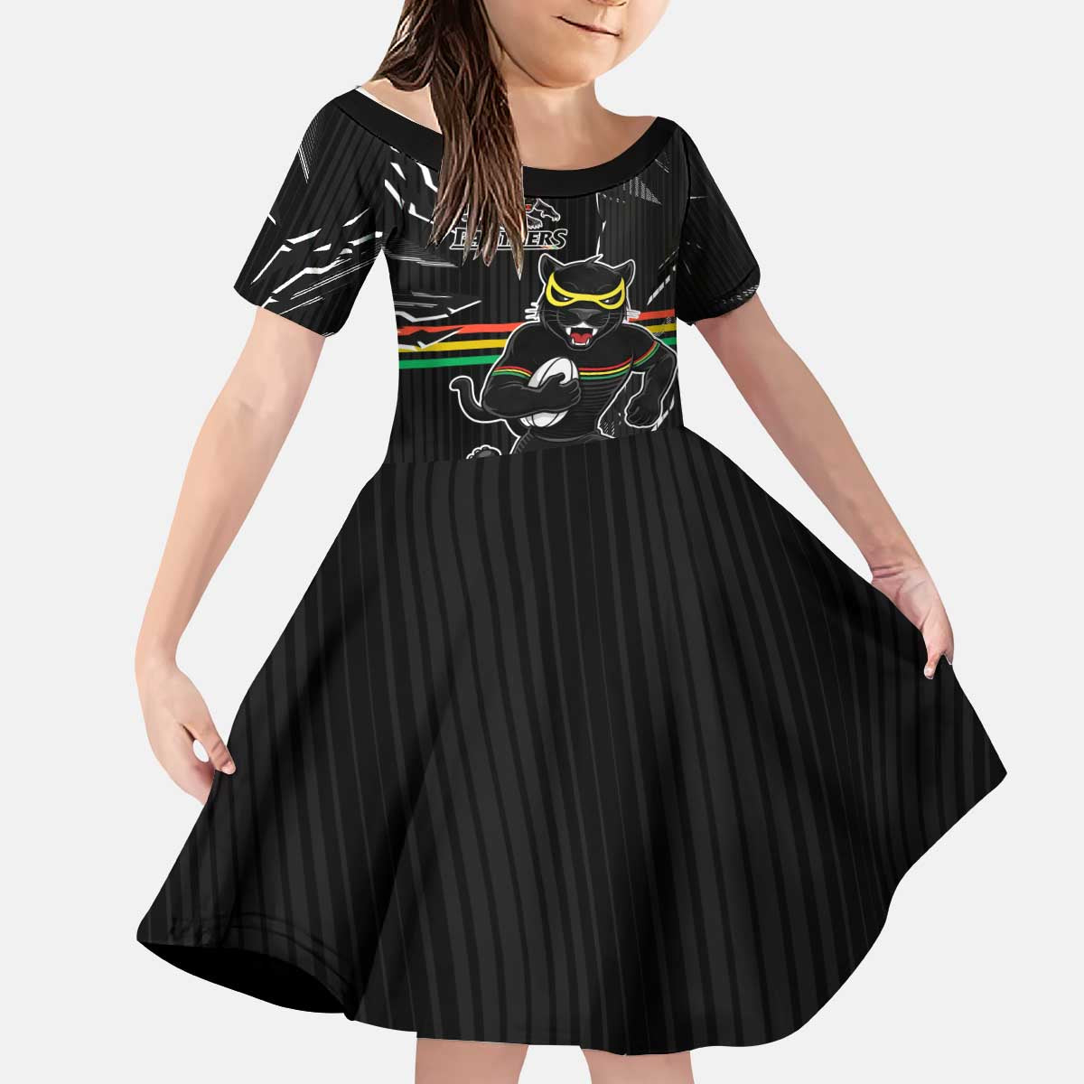 Personalized Penrith Panthers Kid Short Sleeve Dress Dynamic Lightning Mascot Rugby Australia