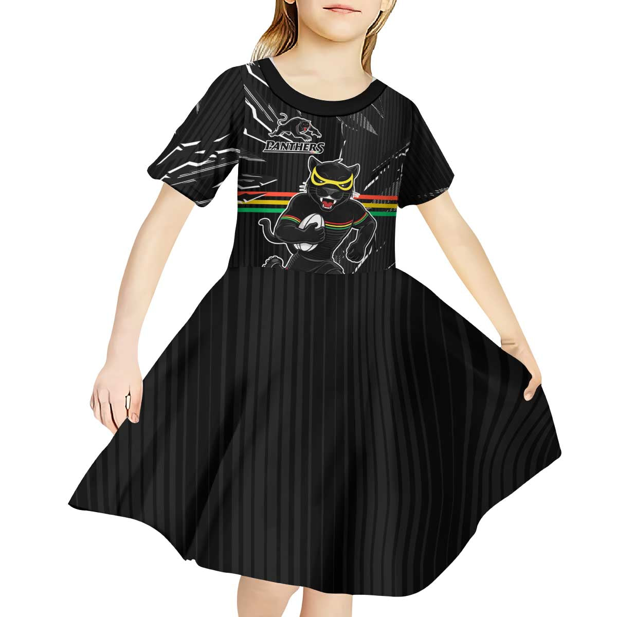 Personalized Penrith Panthers Kid Short Sleeve Dress Dynamic Lightning Mascot Rugby Australia