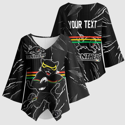 Personalized Penrith Panthers Kimono Sleeve Blouse Dynamic Lightning Mascot Rugby Australia