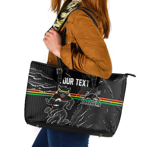 Personalized Penrith Panthers Leather Tote Bag Dynamic Lightning Mascot Rugby Australia