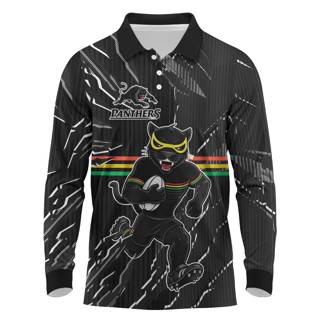 Personalized Penrith Panthers Long Sleeve Polo Shirt Dynamic Lightning Mascot Rugby Australia