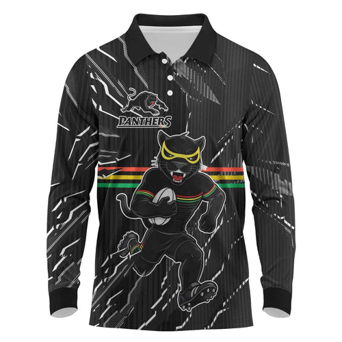 Personalized Penrith Panthers Long Sleeve Polo Shirt Dynamic Lightning Mascot Rugby Australia