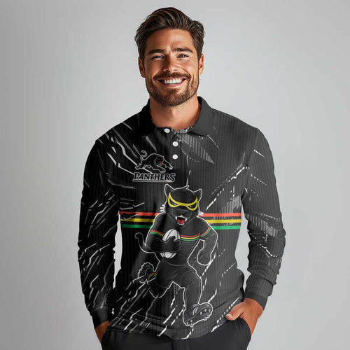 Personalized Penrith Panthers Long Sleeve Polo Shirt Dynamic Lightning Mascot Rugby Australia
