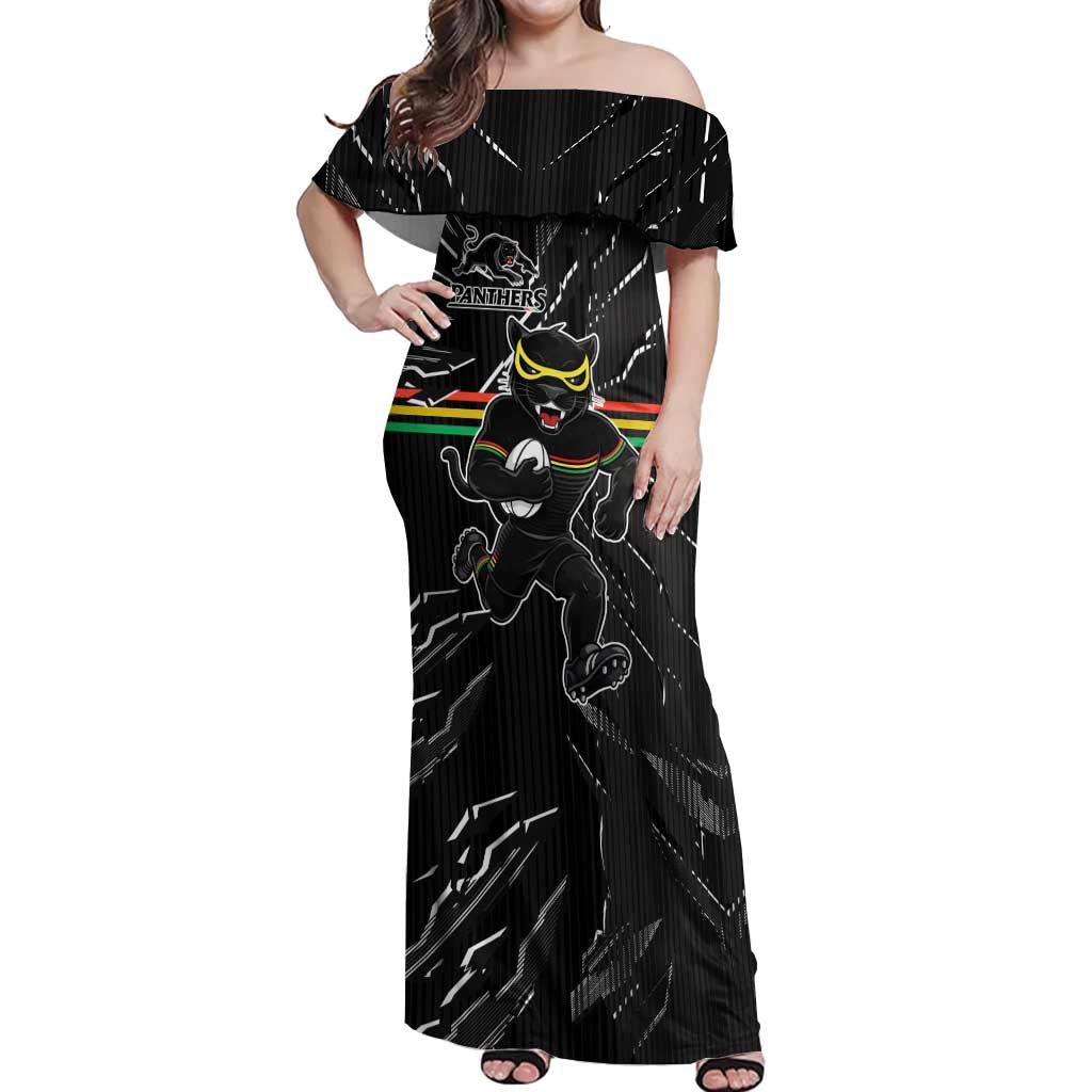 Personalized Penrith Panthers Off Shoulder Maxi Dress Dynamic Lightning Mascot Rugby Australia