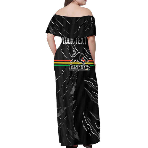 Personalized Penrith Panthers Off Shoulder Maxi Dress Dynamic Lightning Mascot Rugby Australia