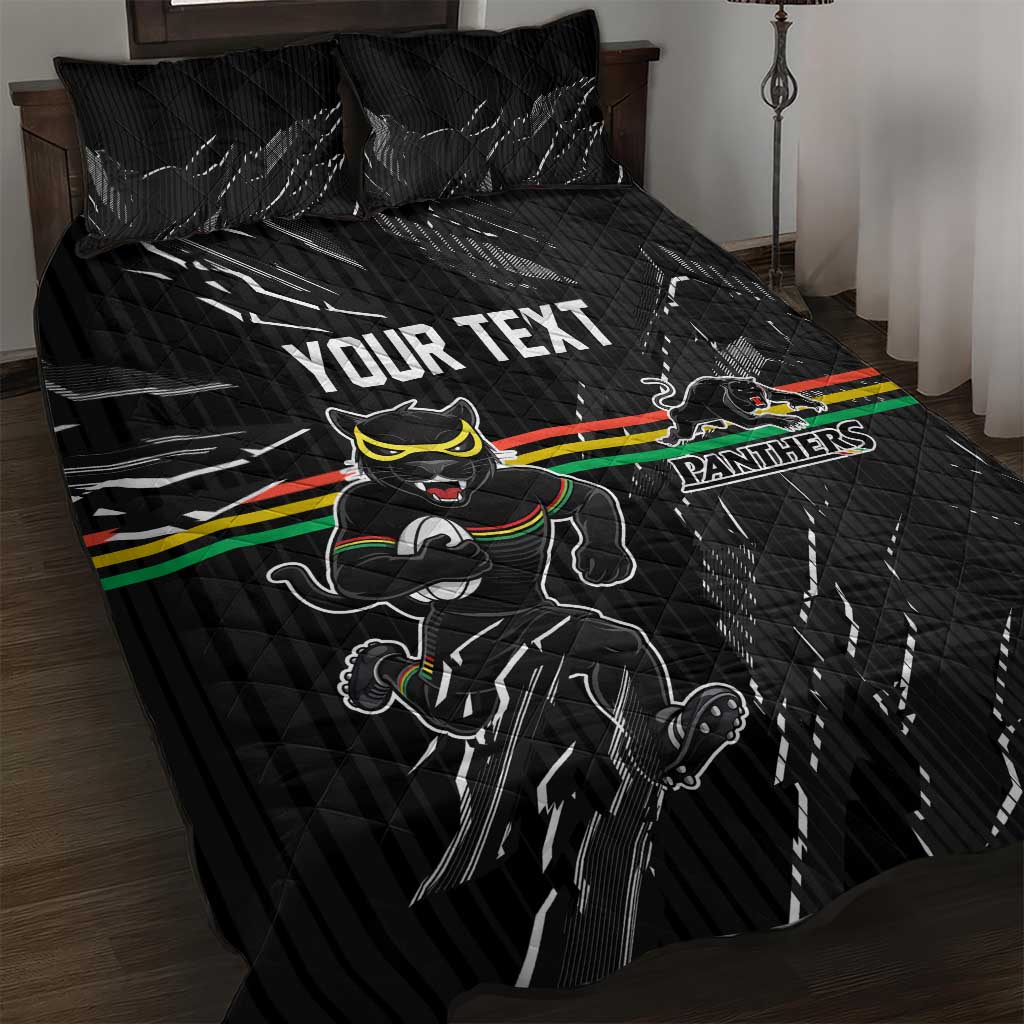 Personalized Penrith Panthers Quilt Bed Set Dynamic Lightning Mascot Rugby Australia