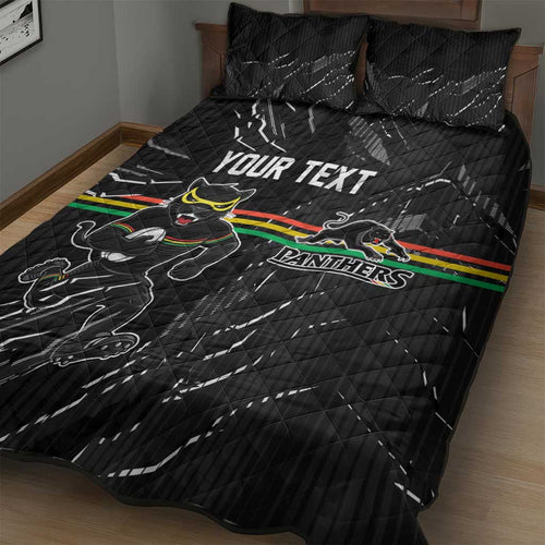 Personalized Penrith Panthers Quilt Bed Set Dynamic Lightning Mascot Rugby Australia