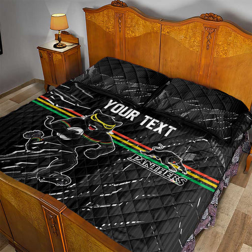Personalized Penrith Panthers Quilt Bed Set Dynamic Lightning Mascot Rugby Australia