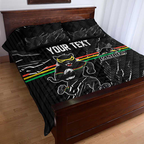 Personalized Penrith Panthers Quilt Bed Set Dynamic Lightning Mascot Rugby Australia