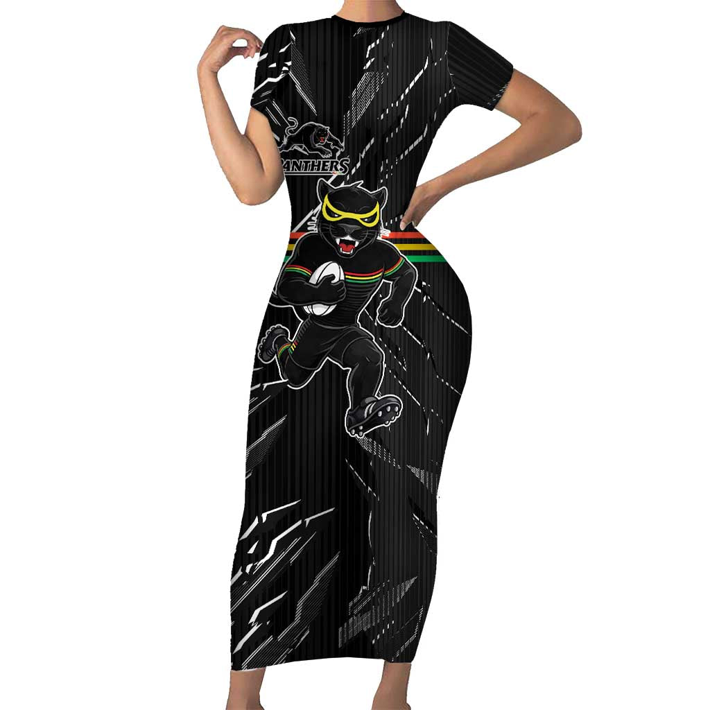 Personalized Penrith Panthers Short Sleeve Bodycon Dress Dynamic Lightning Mascot Rugby Australia