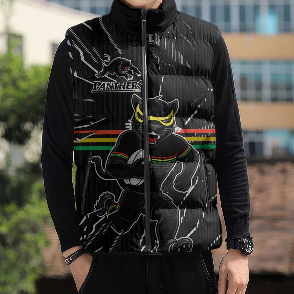 Personalized Penrith Panthers Sleeveless Puffer Jacket Dynamic Lightning Mascot Rugby Australia