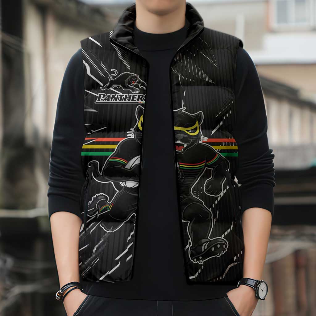 Personalized Penrith Panthers Sleeveless Puffer Jacket Dynamic Lightning Mascot Rugby Australia