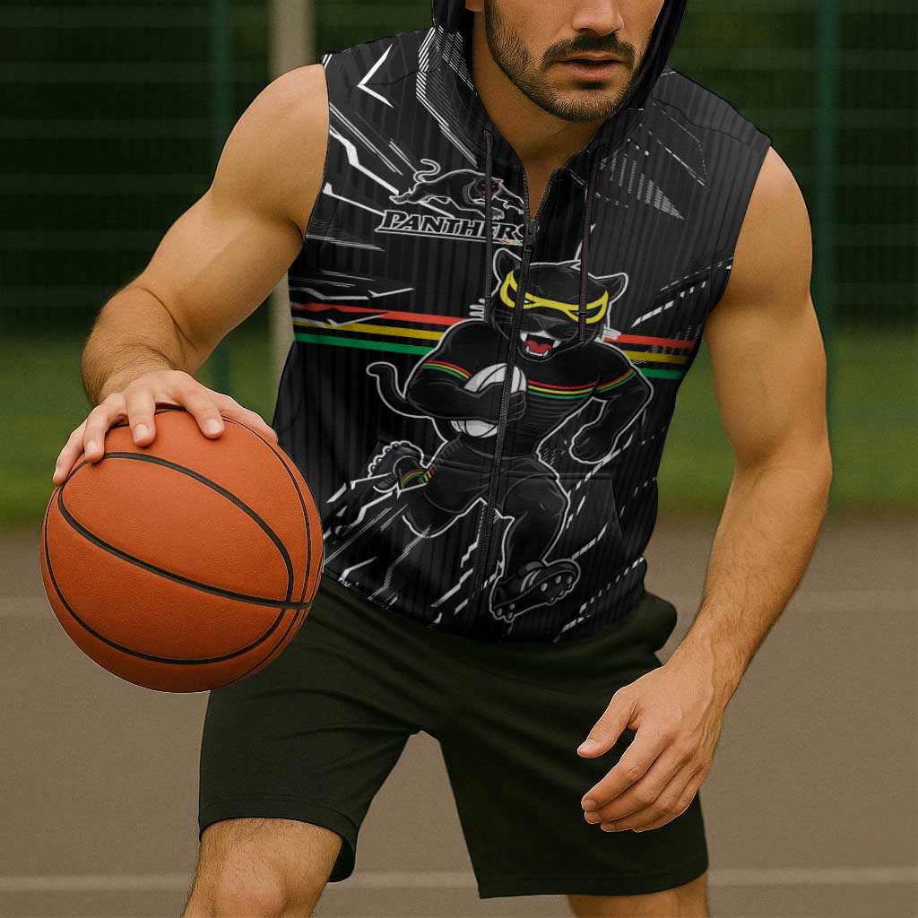 Personalized Penrith Panthers Sleeveless Zip Hoodie Dynamic Lightning Mascot Rugby Australia