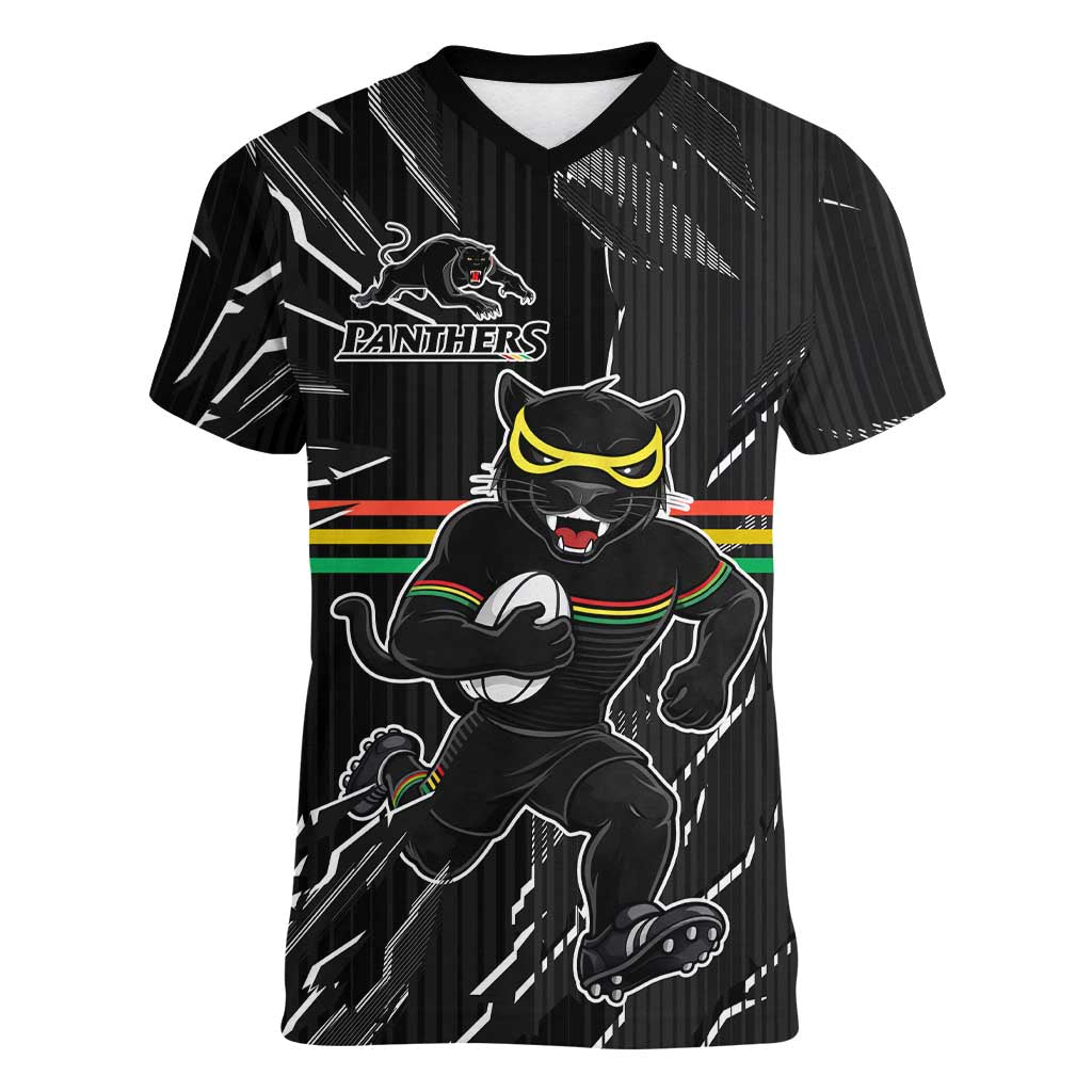 Personalized Penrith Panthers Women V-Neck T-Shirt Dynamic Lightning Mascot Rugby Australia