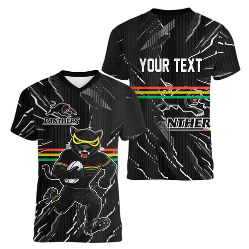 Personalized Penrith Panthers Women V-Neck T-Shirt Dynamic Lightning Mascot Rugby Australia