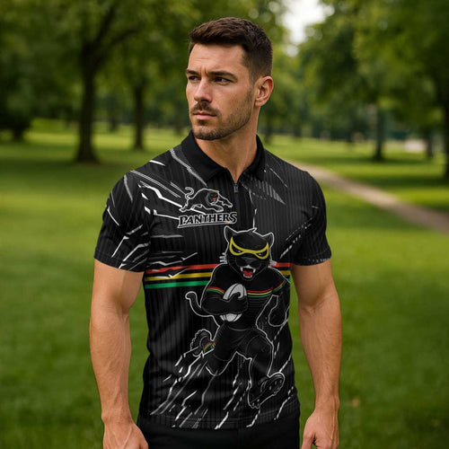 Personalized Penrith Panthers Zipper Polo Shirt Dynamic Lightning Mascot Rugby Australia