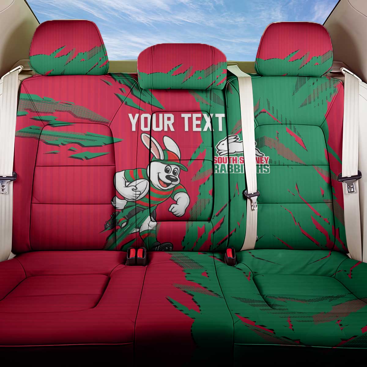 Personalized South Sydney Rabbitohs Back Car Seat Cover Dynamic Lightning Mascot Rugby Australia
