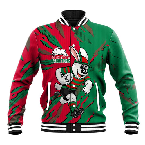 Personalized South Sydney Rabbitohs Baseball Jacket Dynamic Lightning Mascot Rugby Australia