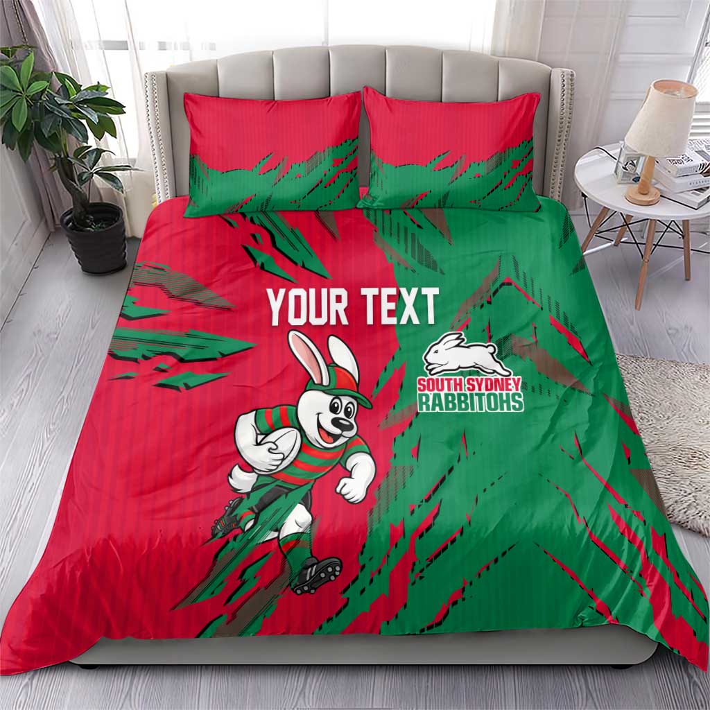 Personalized South Sydney Rabbitohs Bedding Set Dynamic Lightning Mascot Rugby Australia