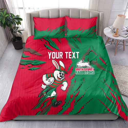Personalized South Sydney Rabbitohs Bedding Set Dynamic Lightning Mascot Rugby Australia
