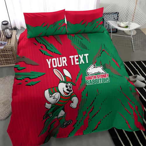 Personalized South Sydney Rabbitohs Bedding Set Dynamic Lightning Mascot Rugby Australia