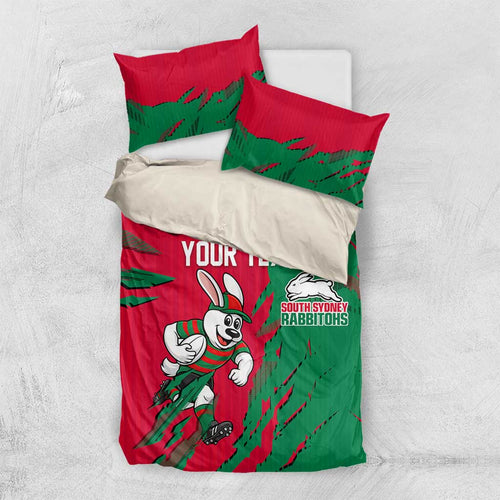 Personalized South Sydney Rabbitohs Bedding Set Dynamic Lightning Mascot Rugby Australia
