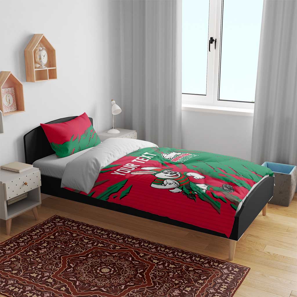 Personalized South Sydney Rabbitohs Bedding Set Dynamic Lightning Mascot Rugby Australia