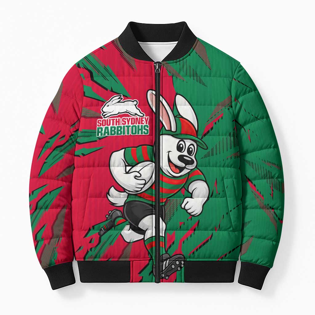 Personalized South Sydney Rabbitohs Bomber Puffer Jacket Dynamic Lightning Mascot Rugby Australia