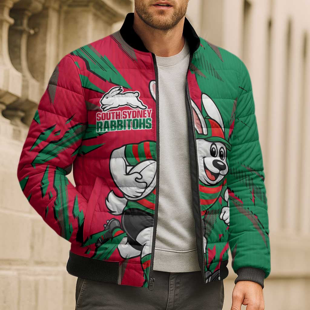 Personalized South Sydney Rabbitohs Bomber Puffer Jacket Dynamic Lightning Mascot Rugby Australia