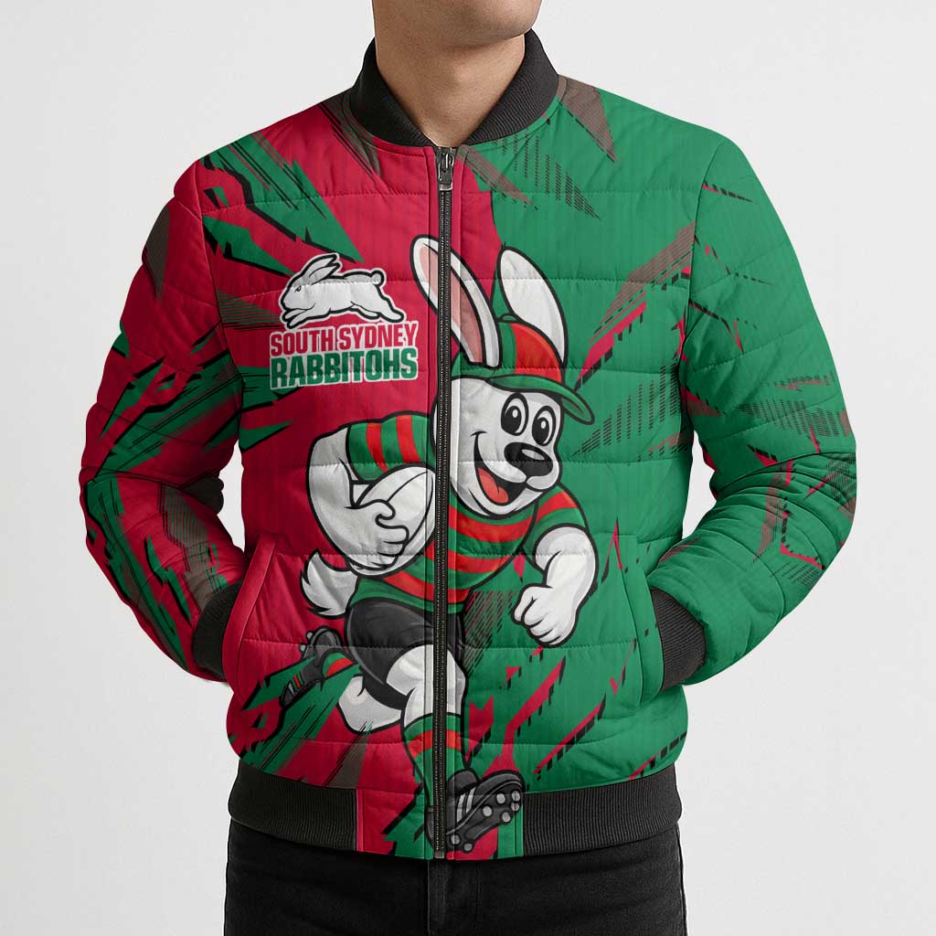Personalized South Sydney Rabbitohs Bomber Puffer Jacket Dynamic Lightning Mascot Rugby Australia