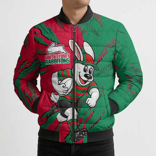 Personalized South Sydney Rabbitohs Bomber Puffer Jacket Dynamic Lightning Mascot Rugby Australia
