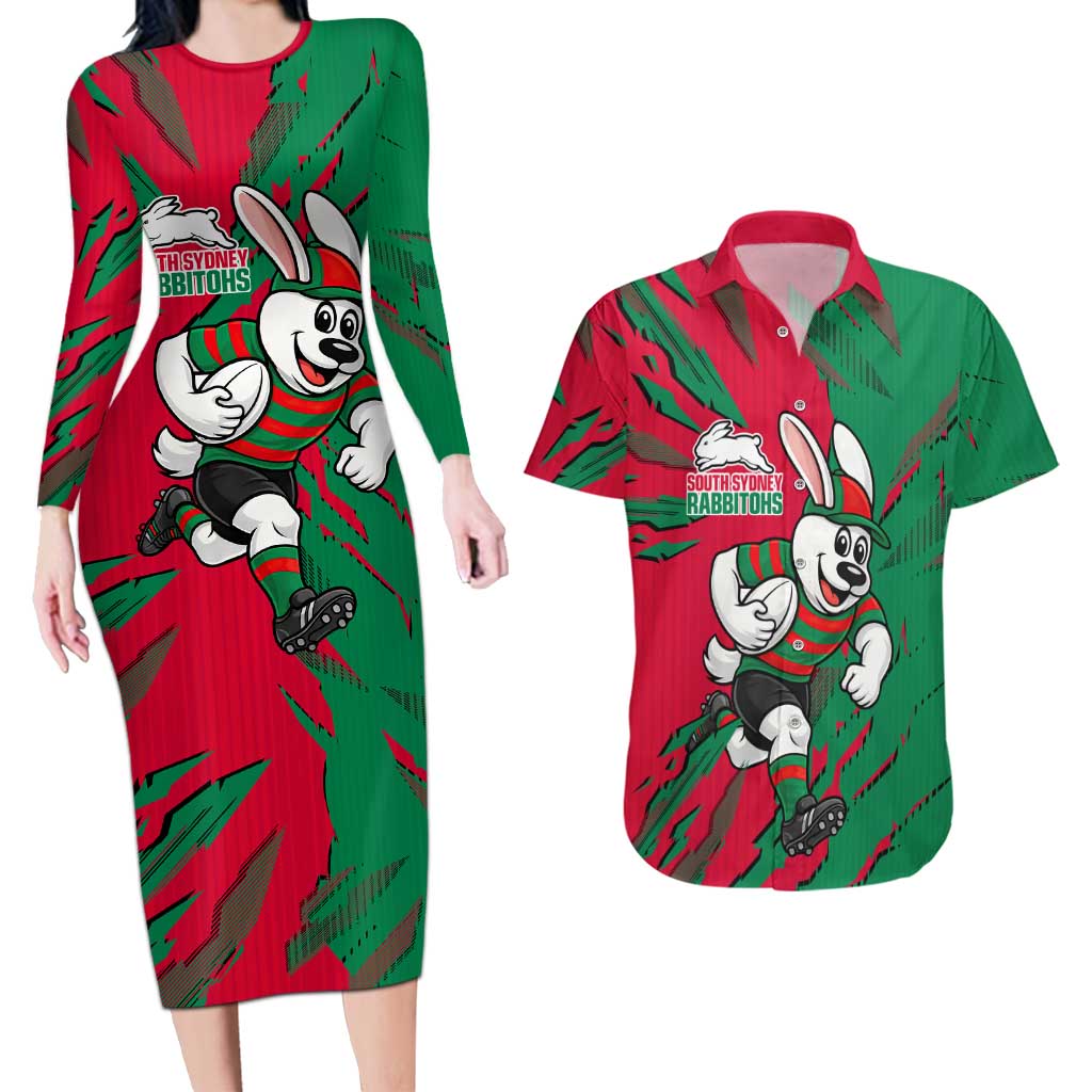 Personalized South Sydney Rabbitohs Couples Matching Long Sleeve Bodycon Dress and Hawaiian Shirt Dynamic Lightning Mascot Rugby Australia