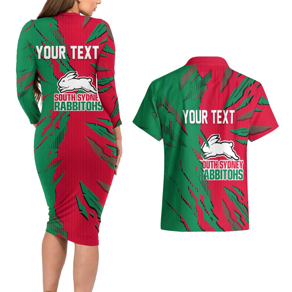 Personalized South Sydney Rabbitohs Couples Matching Long Sleeve Bodycon Dress and Hawaiian Shirt Dynamic Lightning Mascot Rugby Australia